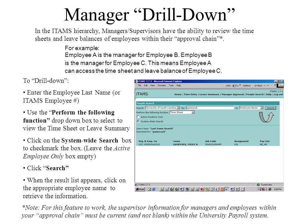 Manager Drill-Down In the ITAMS hierarchy, Managers/Supervisors have the ability to review the time sheets and leave balances of employees within their approval chain *.