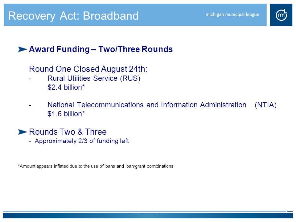 Recovery Act: Broadband Award Funding – Two/Three Rounds Round One Closed August 24th: -Rural Utilities Service (RUS) $2.4 billion* - National Telecommunications and Information Administration (NTIA) $1.6 billion* Rounds Two & Three - Approximately 2/3 of funding left *Amount appears inflated due to the use of loans and loan/grant combinations