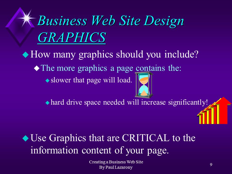 Creating a Business Web Site By Paul Lazarony 8 Business Web Site Design PAGE LENGTH u Try to keep your pages to the length of a window.