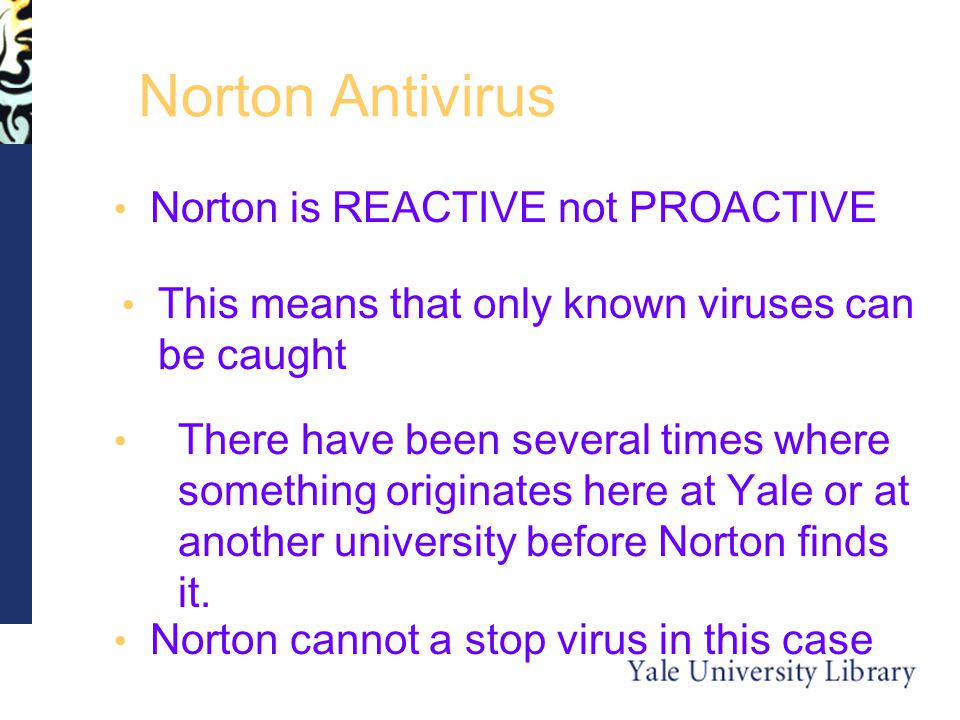 Norton Antivirus Norton is REACTIVE not PROACTIVE This means that only known viruses can be caught There have been several times where something originates here at Yale or at another university before Norton finds it.