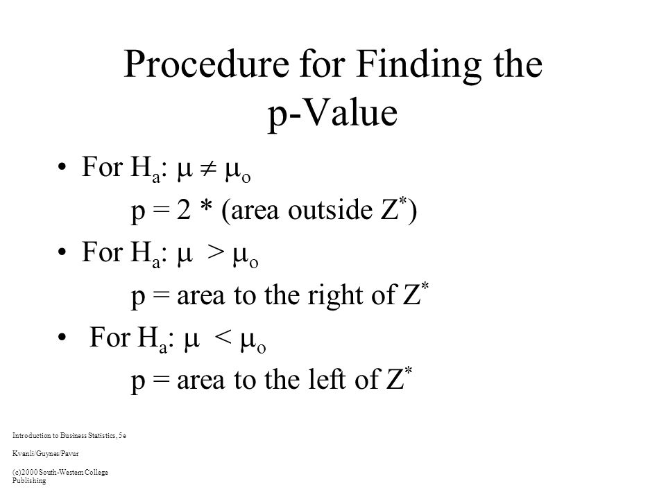 Procedure for Finding the p-Value For H a :    o p = 2 * (area outside Z * ) For H a :  >  o p = area to the right of Z * For H a :  <  o p = area to the left of Z * Introduction to Business Statistics, 5e Kvanli/Guynes/Pavur (c)2000 South-Western College Publishing