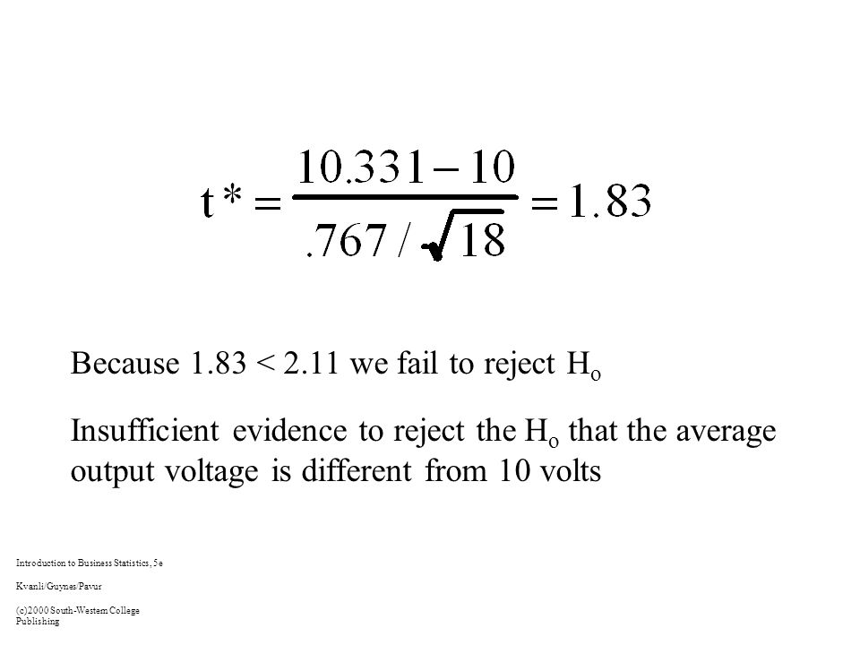 Because 1.83 < 2.11 we fail to reject H o Insufficient evidence to reject the H o that the average output voltage is different from 10 volts Introduction to Business Statistics, 5e Kvanli/Guynes/Pavur (c)2000 South-Western College Publishing