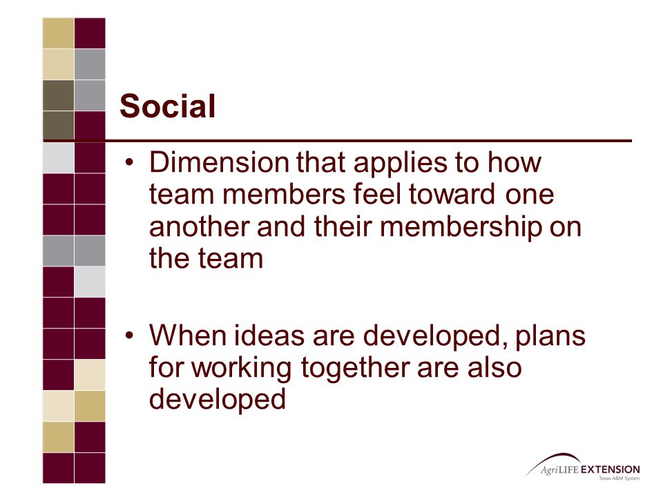 Social Dimension that applies to how team members feel toward one another and their membership on the team When ideas are developed, plans for working together are also developed