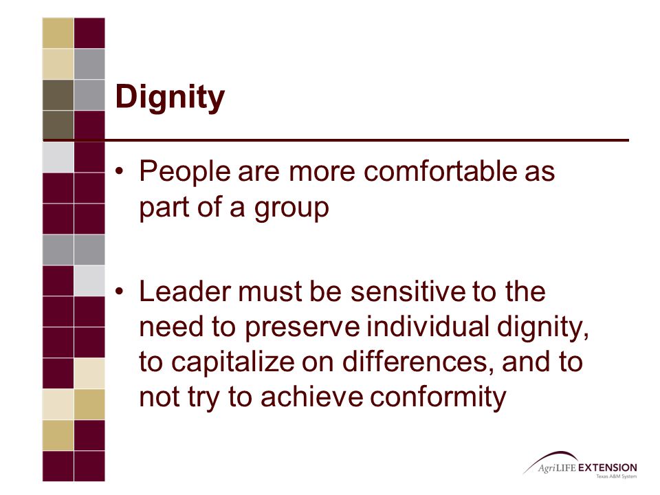 Dignity People are more comfortable as part of a group Leader must be sensitive to the need to preserve individual dignity, to capitalize on differences, and to not try to achieve conformity