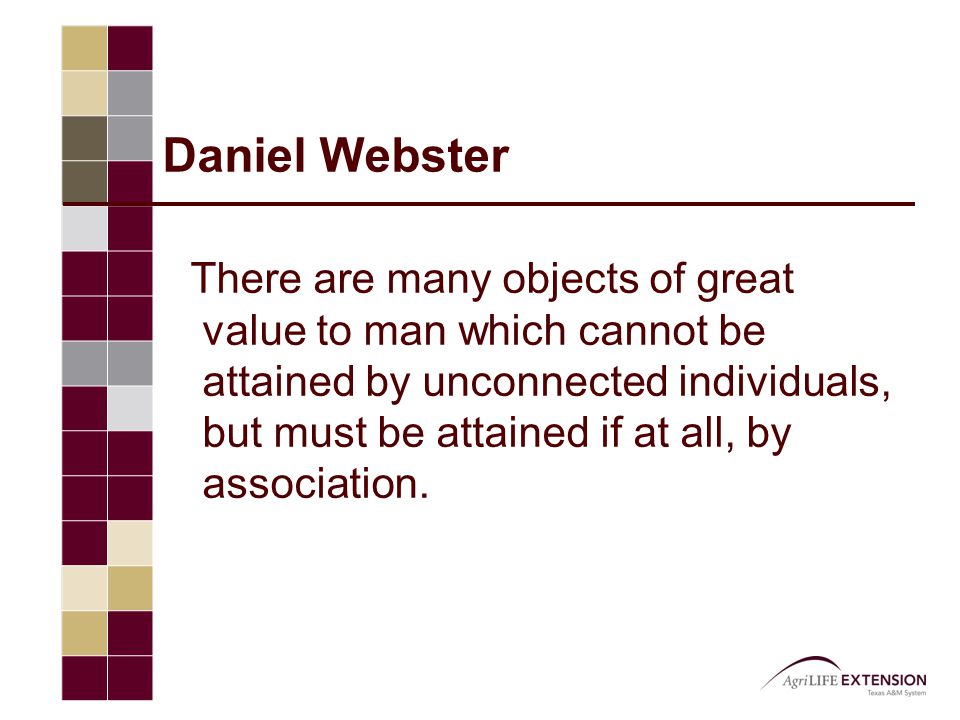 Daniel Webster There are many objects of great value to man which cannot be attained by unconnected individuals, but must be attained if at all, by association.