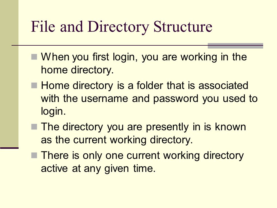 File and Directory Structure When you first login, you are working in the home directory.