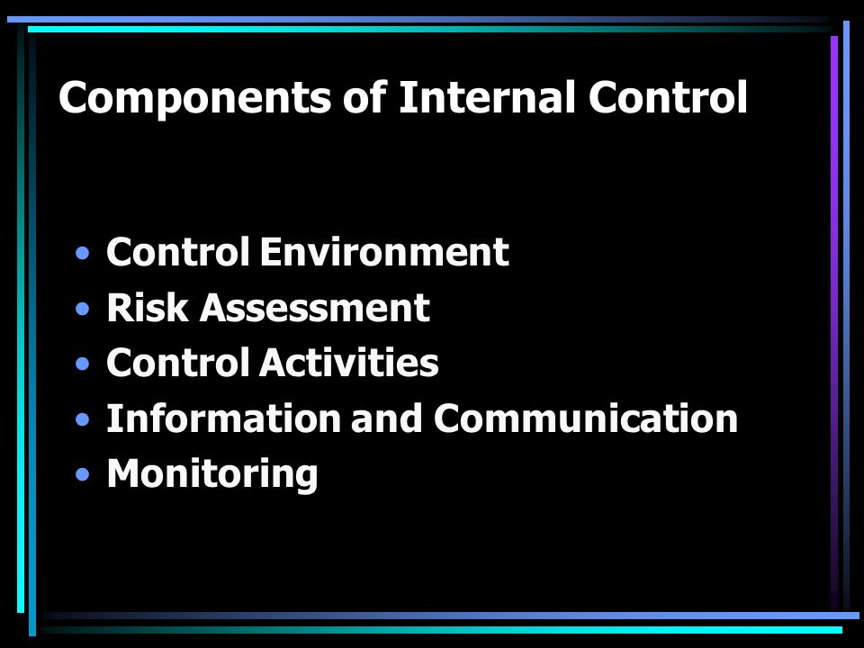 Components of Internal Control Control Environment Risk Assessment Control Activities Information and Communication Monitoring