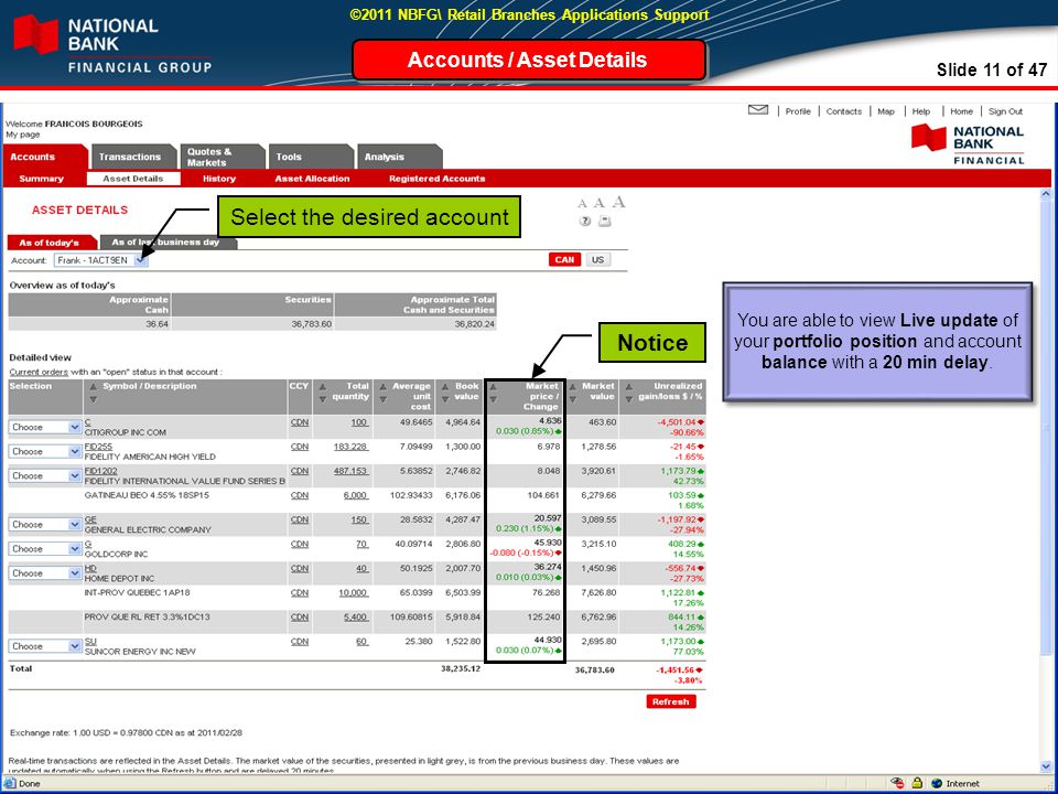 Slide 11 of 47 ©2011 NBFG\ Retail Branches Applications Support Accounts / Asset Details Notice Select the desired account You are able to view Live update of your portfolio position and account balance with a 20 min delay.