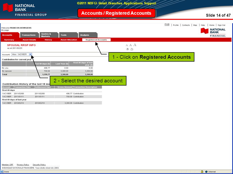 Slide 14 of 47 ©2011 NBFG\ Retail Branches Applications Support Accounts / Registered Accounts 1 - Click on Registered Accounts 2 - Select the desired account