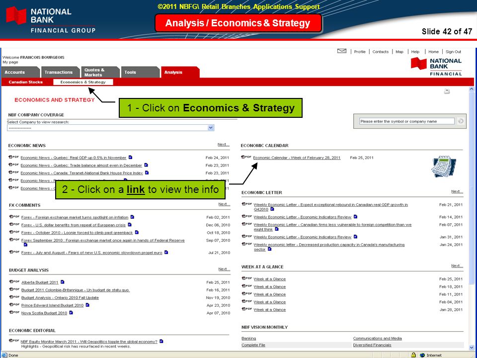 Slide 42 of 47 ©2011 NBFG\ Retail Branches Applications Support Analysis / Economics & Strategy 1 - Click on Economics & Strategy 2 - Click on a link to view the info