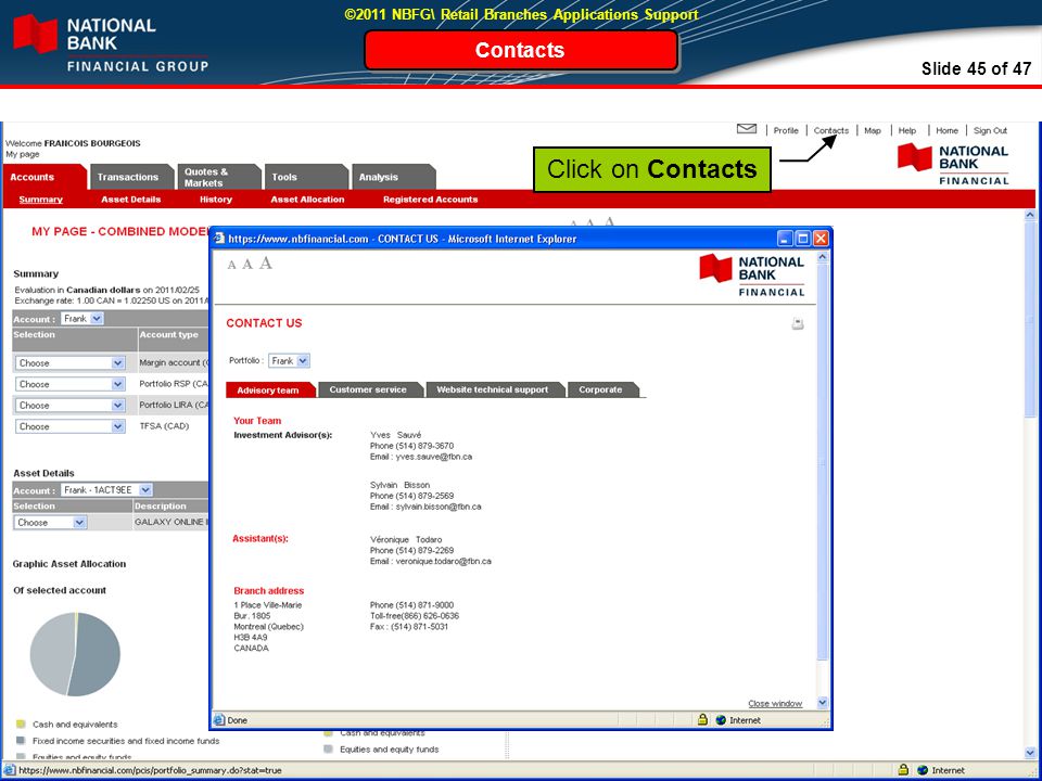 Slide 45 of 47 ©2011 NBFG\ Retail Branches Applications Support Contacts Click on Contacts