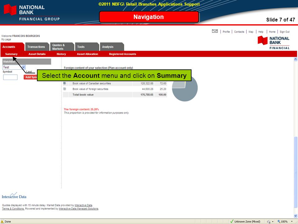 Slide 7 of 47 ©2011 NBFG\ Retail Branches Applications Support Navigation Select the Account menu and click on Summary