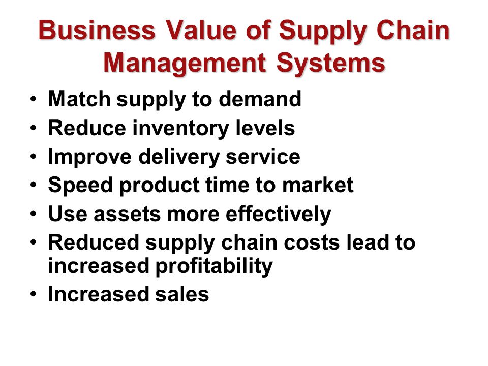Business Value of Supply Chain Management Systems Match supply to demand Reduce inventory levels Improve delivery service Speed product time to market Use assets more effectively Reduced supply chain costs lead to increased profitability Increased sales