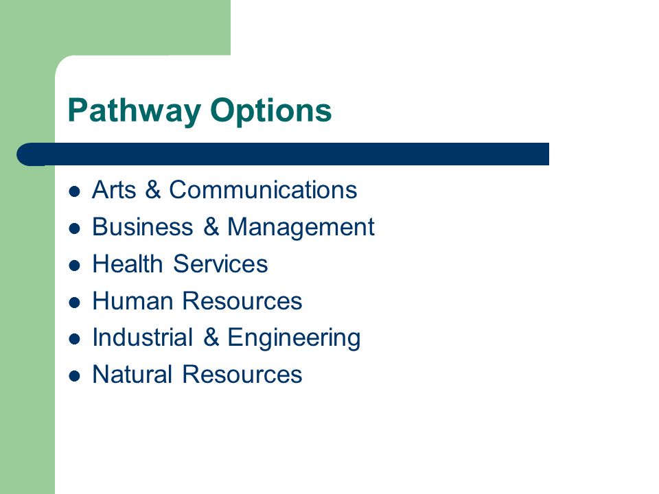 Pathway Options Arts & Communications Business & Management Health Services Human Resources Industrial & Engineering Natural Resources