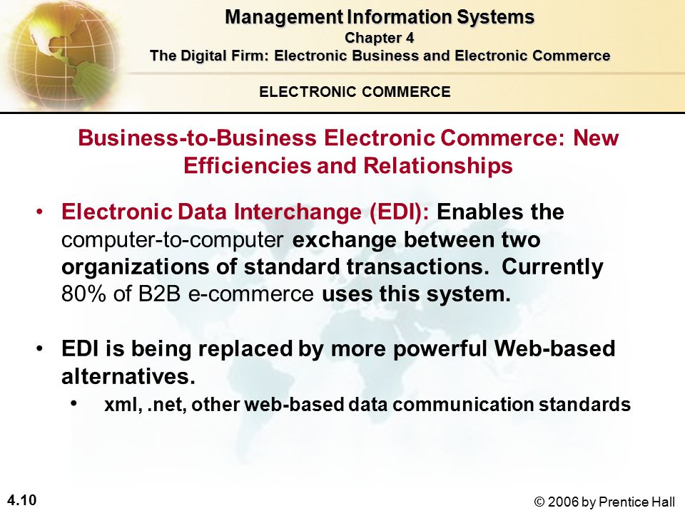 4.10 © 2006 by Prentice Hall Electronic Data Interchange (EDI): Enables the computer-to-computer exchange between two organizations of standard transactions.