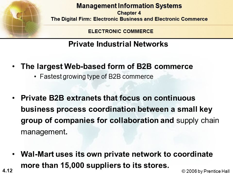 4.12 © 2006 by Prentice Hall ELECTRONIC COMMERCE Private Industrial Networks The largest Web-based form of B2B commerce Fastest growing type of B2B commerce Private B2B extranets that focus on continuous business process coordination between a small key group of companies for collaboration and supply chain management.