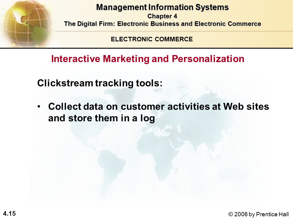 4.15 © 2006 by Prentice Hall Clickstream tracking tools: Collect data on customer activities at Web sites and store them in a log ELECTRONIC COMMERCE Interactive Marketing and Personalization Management Information Systems Chapter 4 The Digital Firm: Electronic Business and Electronic Commerce