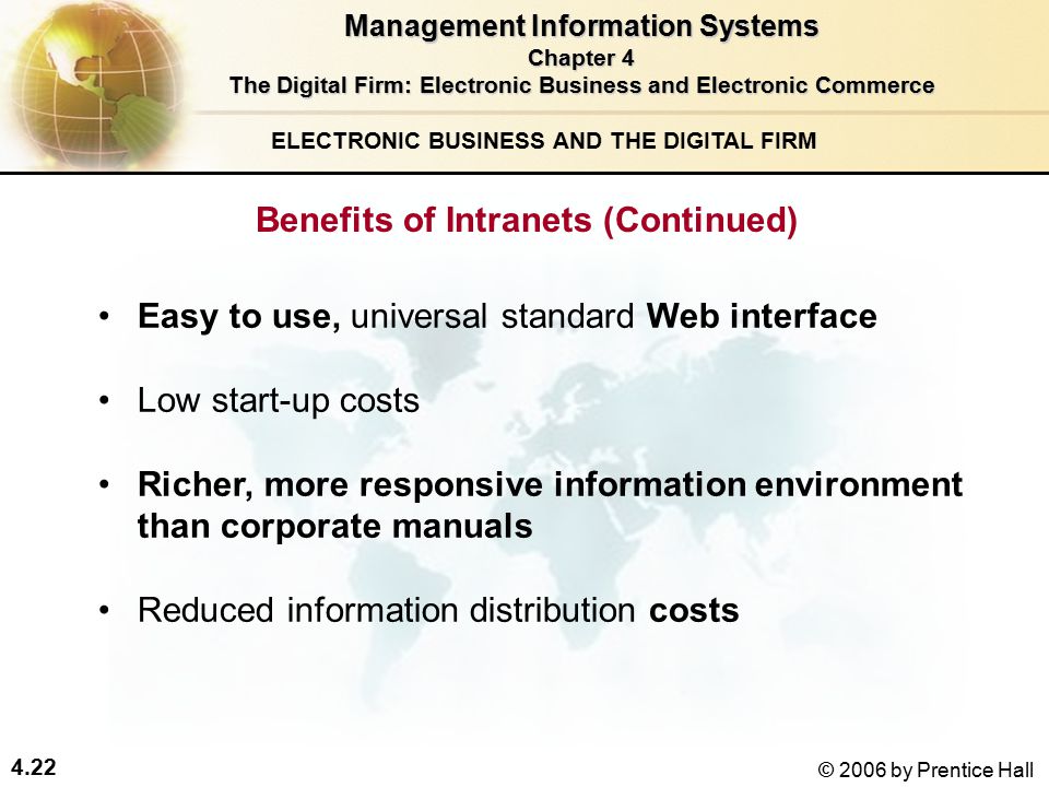 4.22 © 2006 by Prentice Hall ELECTRONIC BUSINESS AND THE DIGITAL FIRM Easy to use, universal standard Web interface Low start-up costs Richer, more responsive information environment than corporate manuals Reduced information distribution costs Management Information Systems Chapter 4 The Digital Firm: Electronic Business and Electronic Commerce Benefits of Intranets (Continued)