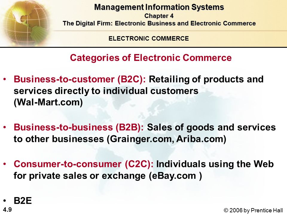 4.9 © 2006 by Prentice Hall ELECTRONIC COMMERCE Categories of Electronic Commerce Business-to-customer (B2C): Retailing of products and services directly to individual customers (Wal-Mart.com) Business-to-business (B2B): Sales of goods and services to other businesses (Grainger.com, Ariba.com) Consumer-to-consumer (C2C): Individuals using the Web for private sales or exchange (eBay.com ) B2E Management Information Systems Chapter 4 The Digital Firm: Electronic Business and Electronic Commerce