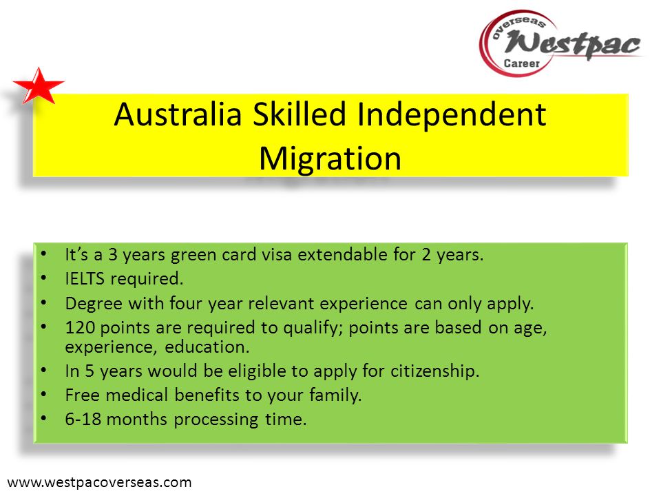 Australia Skilled Independent Migration It’s a 3 years green card visa extendable for 2 years.