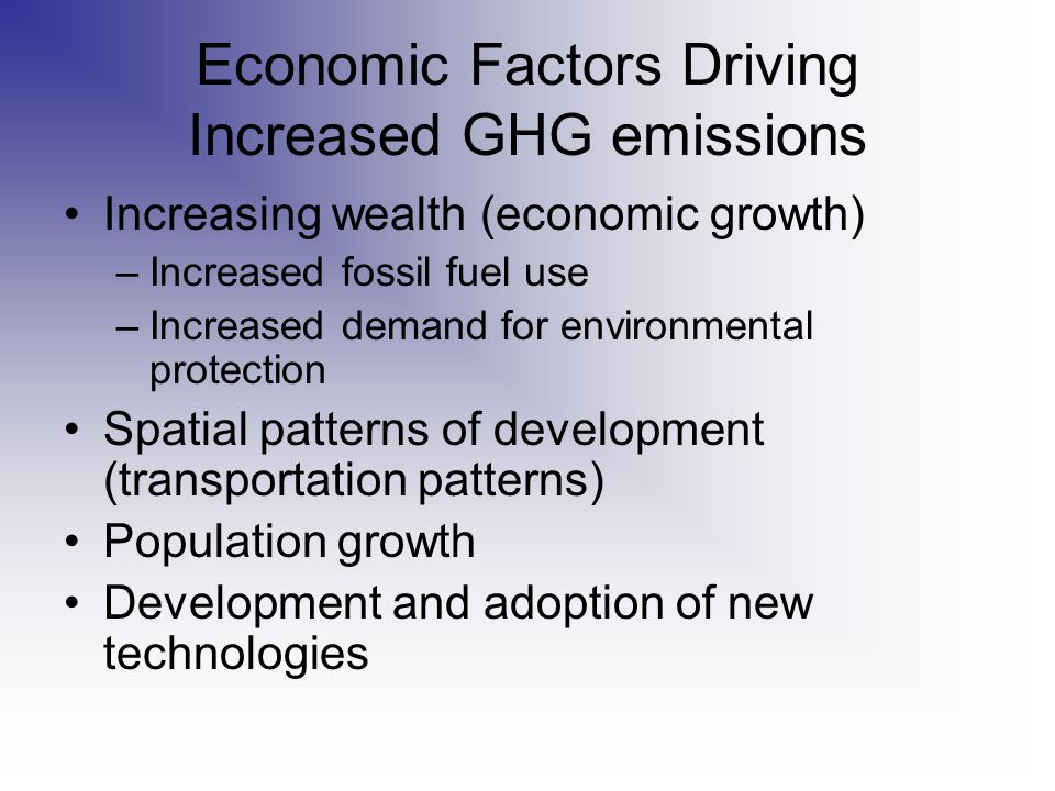 Economic Factors Driving Increased GHG emissions Increasing wealth (economic growth) –Increased fossil fuel use –Increased demand for environmental protection Spatial patterns of development (transportation patterns) Population growth Development and adoption of new technologies