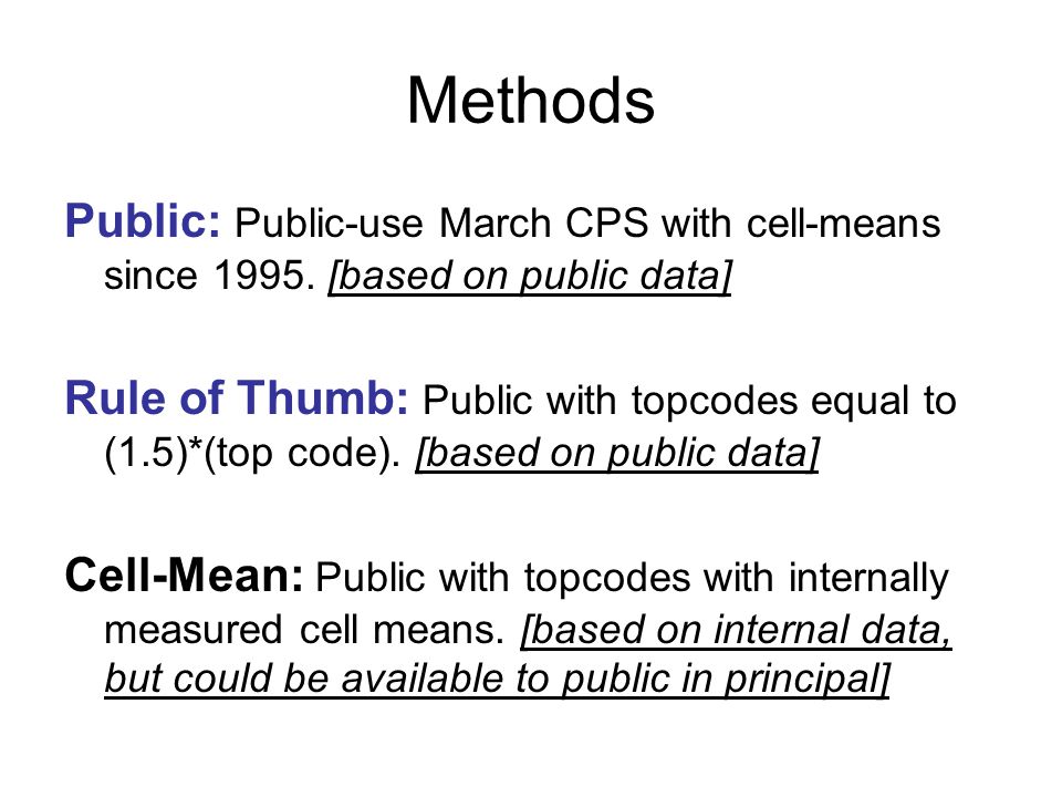 Methods Public: Public-use March CPS with cell-means since 1995.