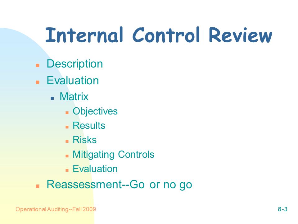 Operational Auditing--Fall Internal Control Review n Description n Evaluation n Matrix n Objectives n Results n Risks n Mitigating Controls n Evaluation n Reassessment--Go or no go