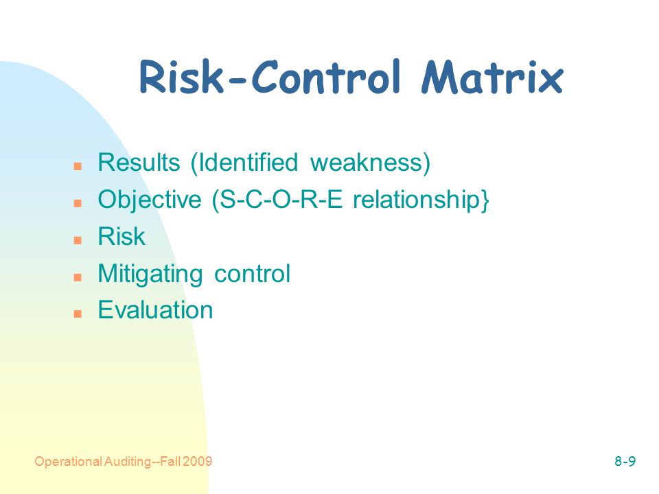 Operational Auditing--Fall Risk-Control Matrix n Results (Identified weakness) n Objective (S-C-O-R-E relationship} n Risk n Mitigating control n Evaluation