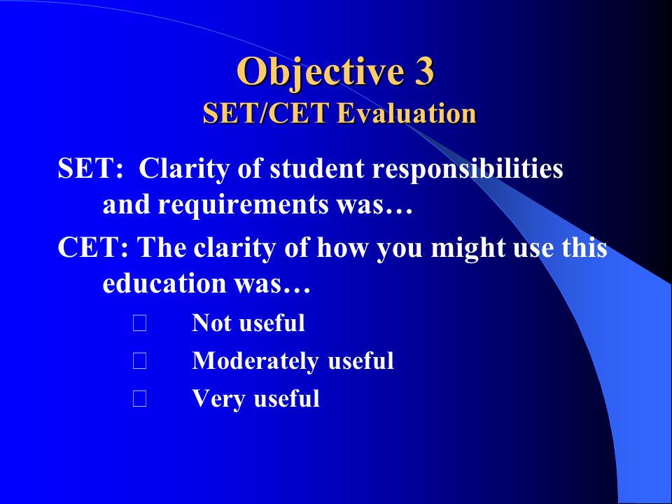 Objective 3 SET/CET Evaluation SET: Clarity of student responsibilities and requirements was… CET: The clarity of how you might use this education was… Not useful Moderately useful Very useful
