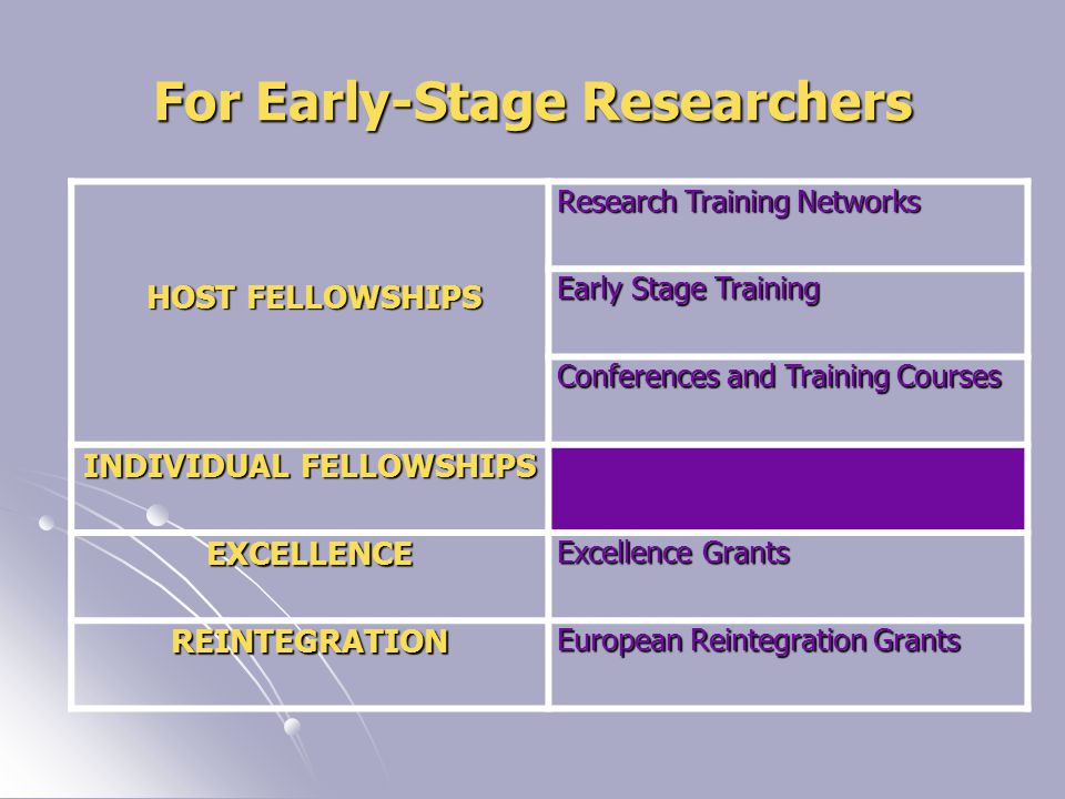 For Early-Stage Researchers HOST FELLOWSHIPS HOST FELLOWSHIPS Research Training Networks Research Training Networks Early Stage Training Early Stage Training Conferences and Training Courses Conferences and Training Courses INDIVIDUAL FELLOWSHIPS EXCELLENCE Excellence Grants Excellence Grants REINTEGRATION European Reintegration Grants European Reintegration Grants
