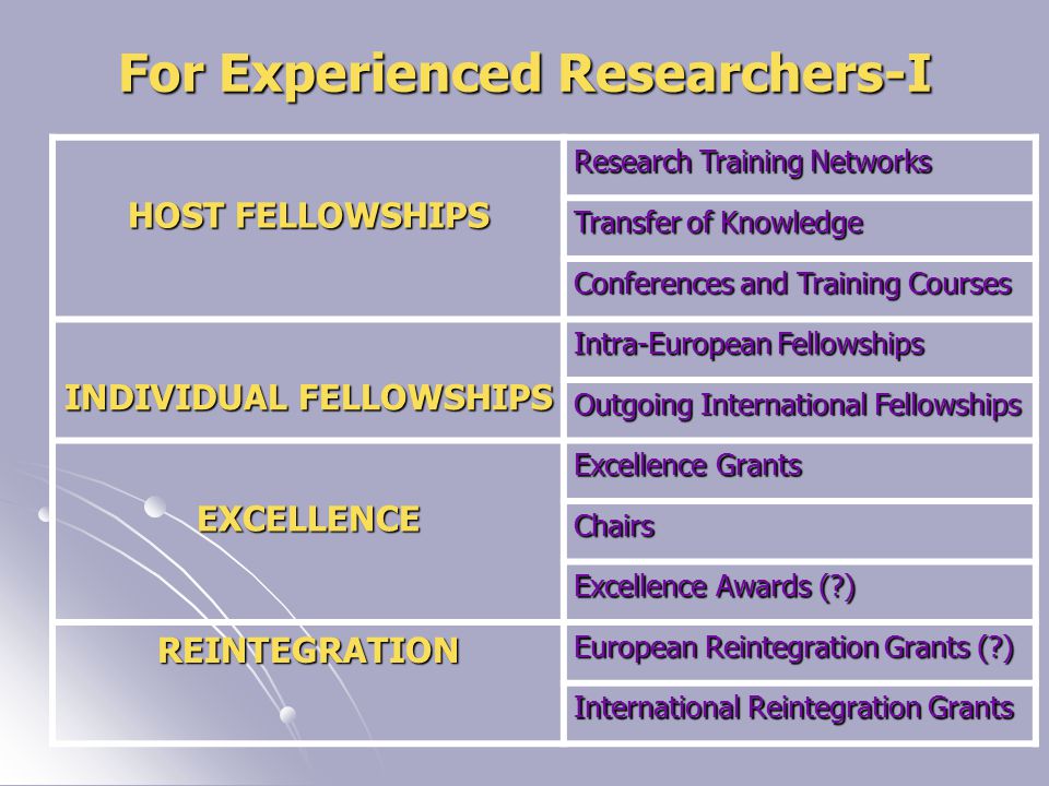 For Experienced Researchers-I HOST FELLOWSHIPS Research Training Networks Transfer of Knowledge Conferences and Training Courses INDIVIDUAL FELLOWSHIPS Intra-European Fellowships Outgoing International Fellowships EXCELLENCE Excellence Grants Chairs Excellence Awards ( ) REINTEGRATION European Reintegration Grants ( ) International Reintegration Grants