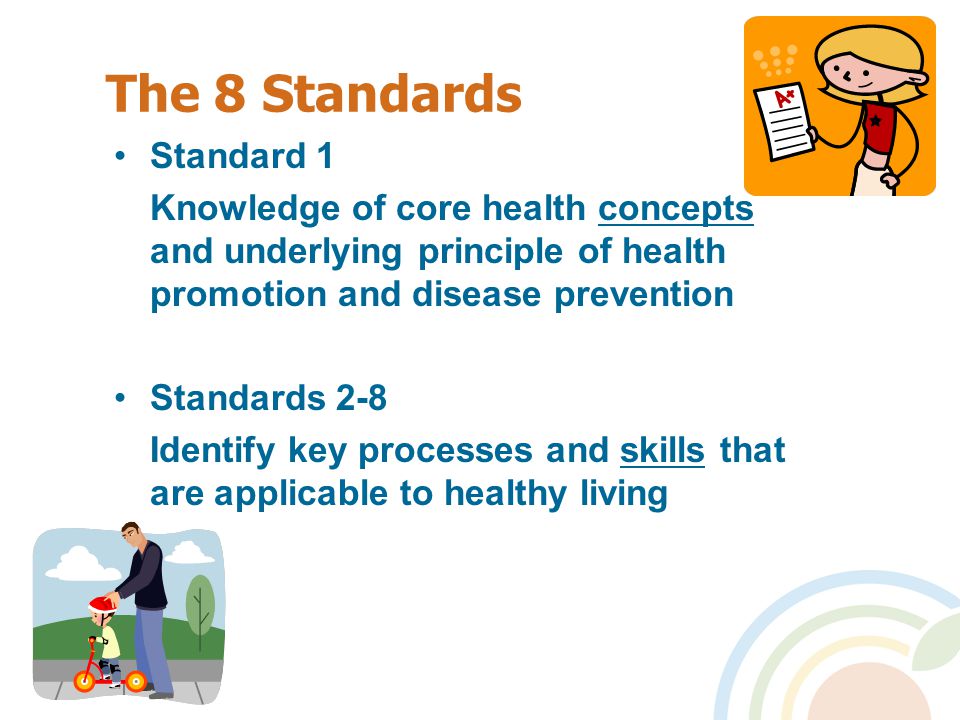 The 8 Standards Standard 1 Knowledge of core health concepts and underlying principle of health promotion and disease prevention Standards 2-8 Identify key processes and skills that are applicable to healthy living