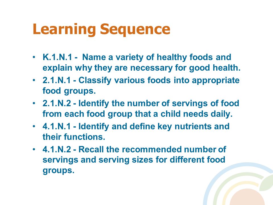 Learning Sequence K.1.N.1 - Name a variety of healthy foods and explain why they are necessary for good health.
