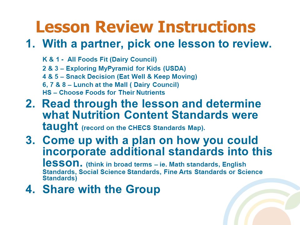 Lesson Review Instructions 1.With a partner, pick one lesson to review.