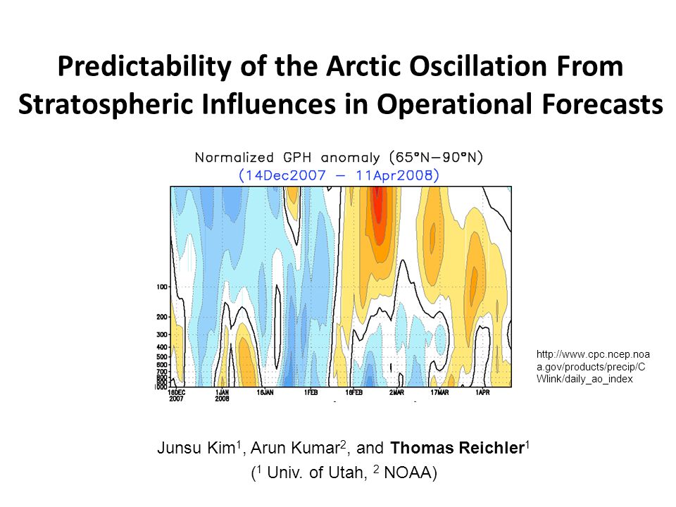 Predictability of the Arctic Oscillation From Stratospheric Influences in Operational Forecasts Junsu Kim 1, Arun Kumar 2, and Thomas Reichler 1 ( 1 Univ.