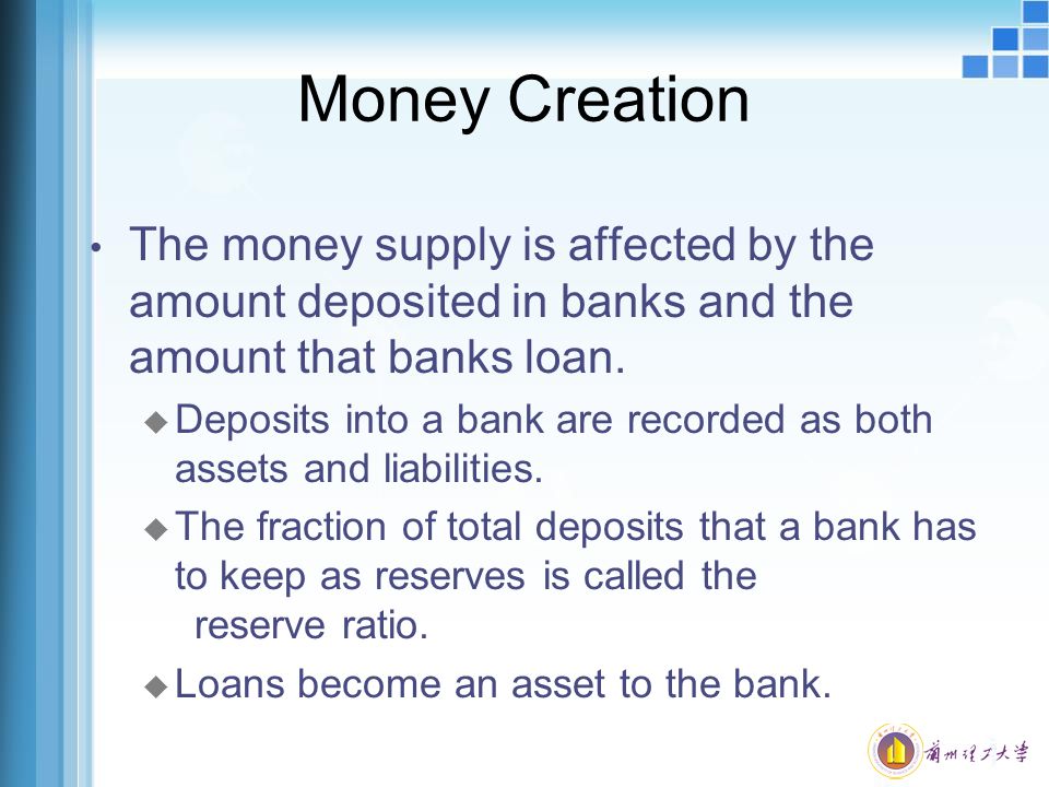 Money Creation The money supply is affected by the amount deposited in banks and the amount that banks loan.