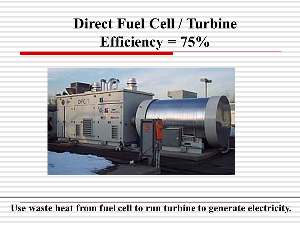 Direct Fuel Cell / Turbine Efficiency = 75% Use waste heat from fuel cell to run turbine to generate electricity.
