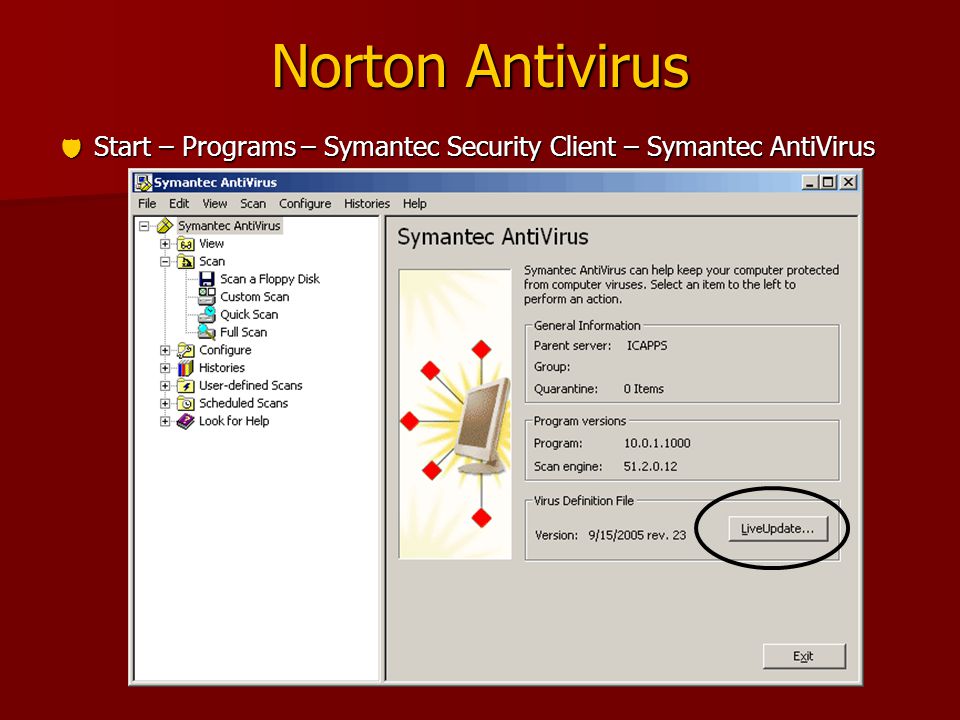 Norton Antivirus  Start – Programs – Symantec Security Client – Symantec AntiVirus