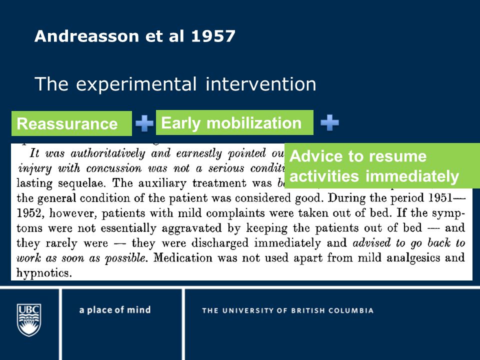 Andreasson et al 1957 The experimental intervention Reassurance Early mobilization Advice to resume activities immediately