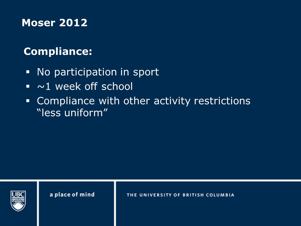 Moser 2012  No participation in sport  ~1 week off school  Compliance with other activity restrictions less uniform Compliance: