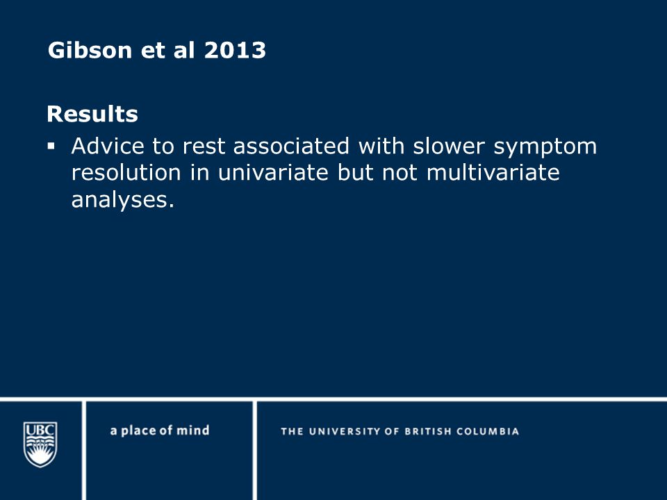 Gibson et al 2013 Results  Advice to rest associated with slower symptom resolution in univariate but not multivariate analyses.