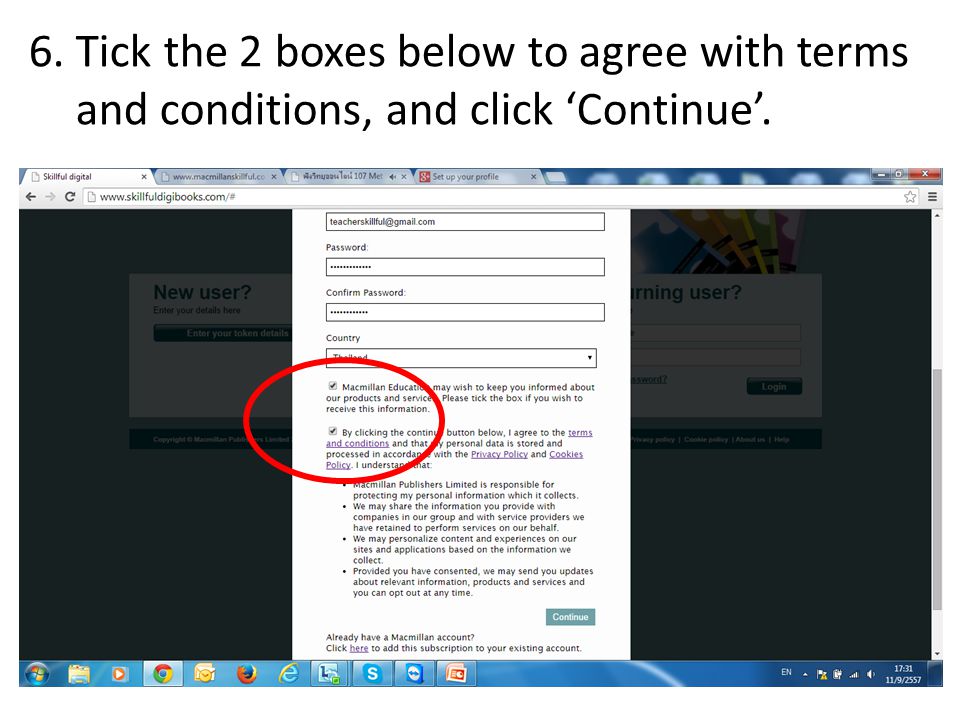 6. Tick the 2 boxes below to agree with terms and conditions, and click ‘Continue’.