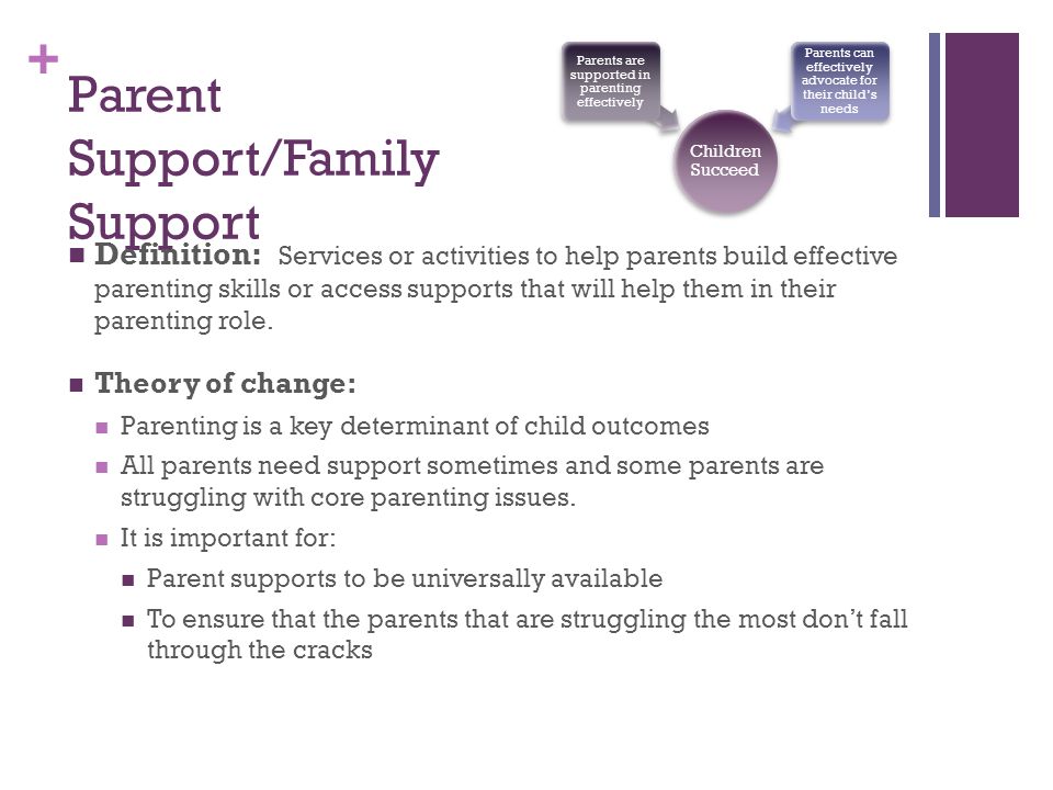 + Parent Support/Family Support Definition: Services or activities to help parents build effective parenting skills or access supports that will help them in their parenting role.