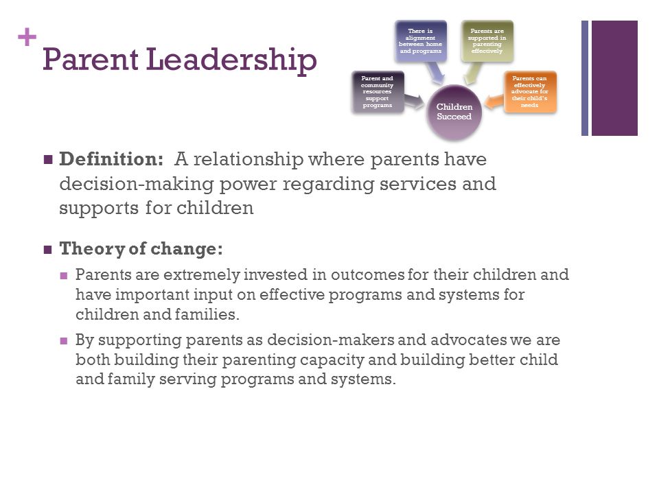 + Parent Leadership Definition: A relationship where parents have decision-making power regarding services and supports for children Theory of change: Parents are extremely invested in outcomes for their children and have important input on effective programs and systems for children and families.