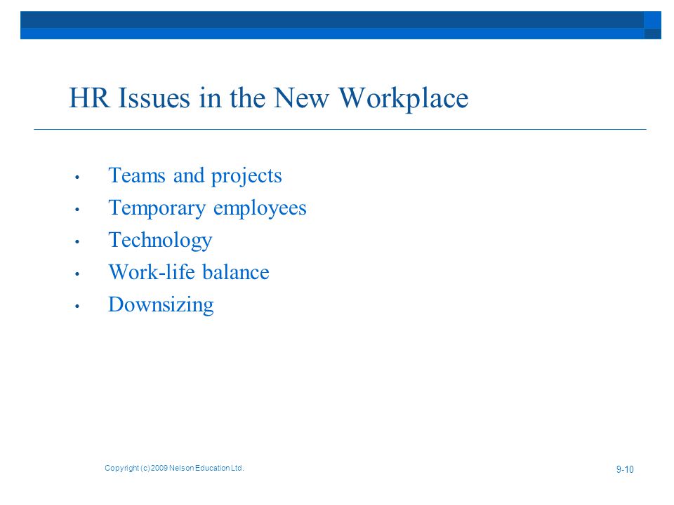 HR Issues in the New Workplace Teams and projects Temporary employees Technology Work-life balance Downsizing Copyright (c) 2009 Nelson Education Ltd.