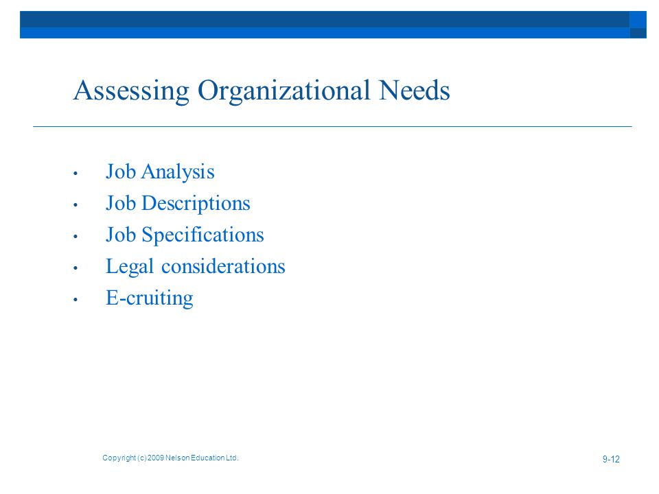 Assessing Organizational Needs Job Analysis Job Descriptions Job Specifications Legal considerations E-cruiting Copyright (c) 2009 Nelson Education Ltd.