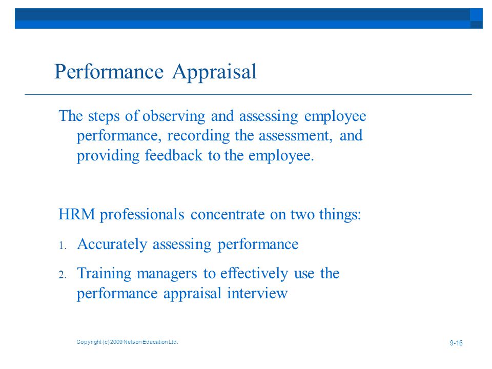 Performance Appraisal Copyright (c) 2009 Nelson Education Ltd.