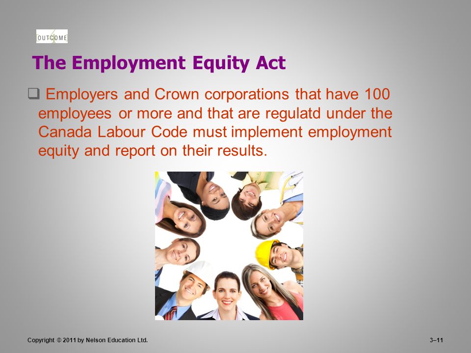 3–11 The Employment Equity Act  Employers and Crown corporations that have 100 employees or more and that are regulatd under the Canada Labour Code must implement employment equity and report on their results.