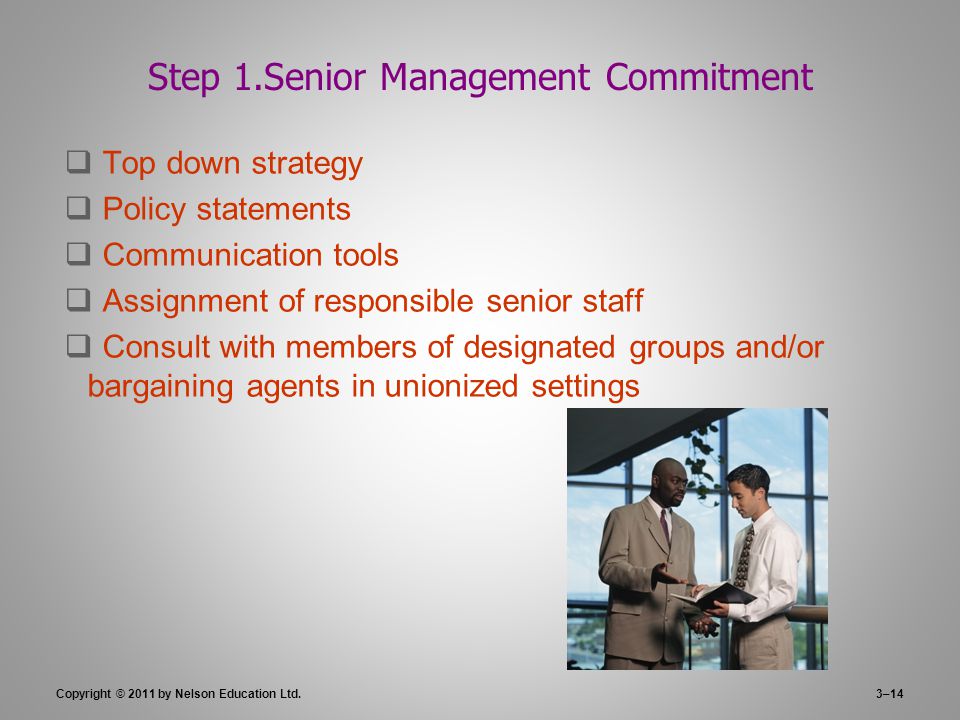3–14 Step 1.Senior Management Commitment  Top down strategy  Policy statements  Communication tools  Assignment of responsible senior staff  Consult with members of designated groups and/or bargaining agents in unionized settings Copyright © 2011 by Nelson Education Ltd.
