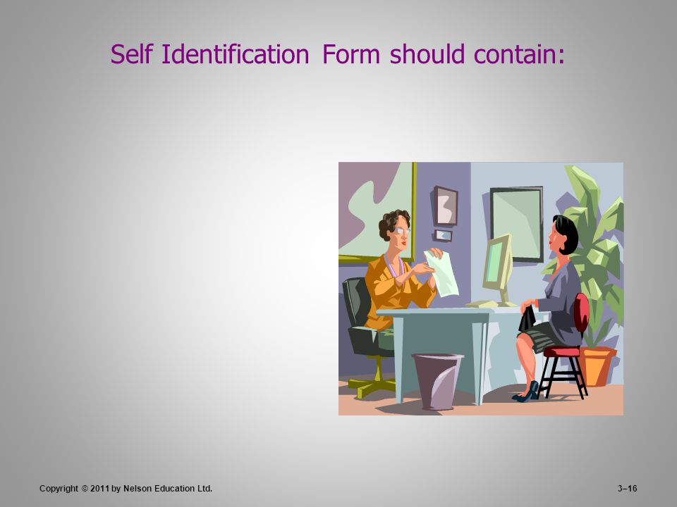 3–16 Self Identification Form should contain: Copyright © 2011 by Nelson Education Ltd.
